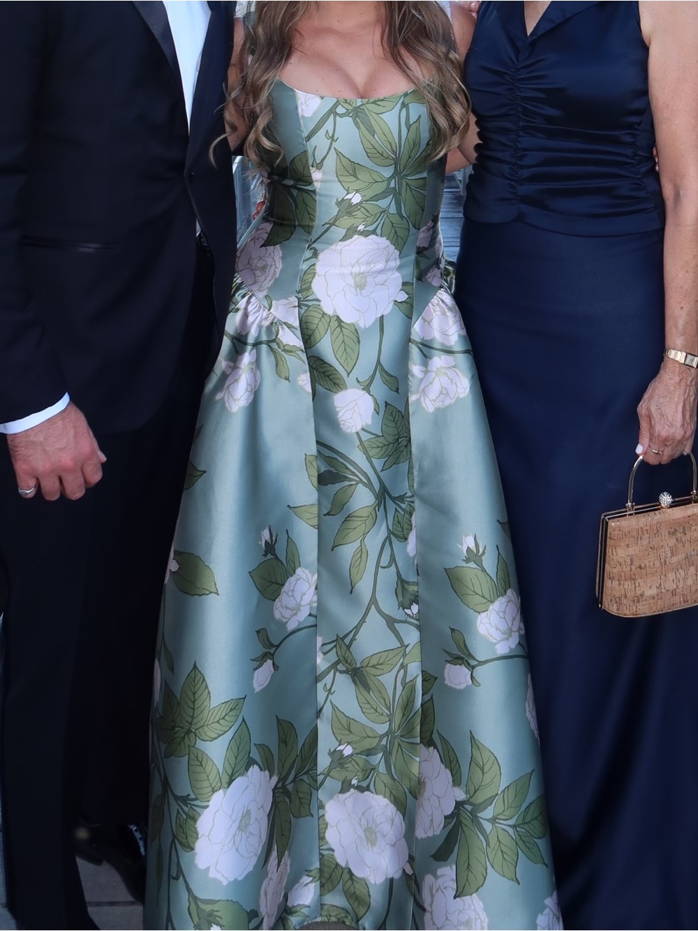 Adrianna Pappel Drop Waist Square Neck Floral Ballgown In Sage Multi